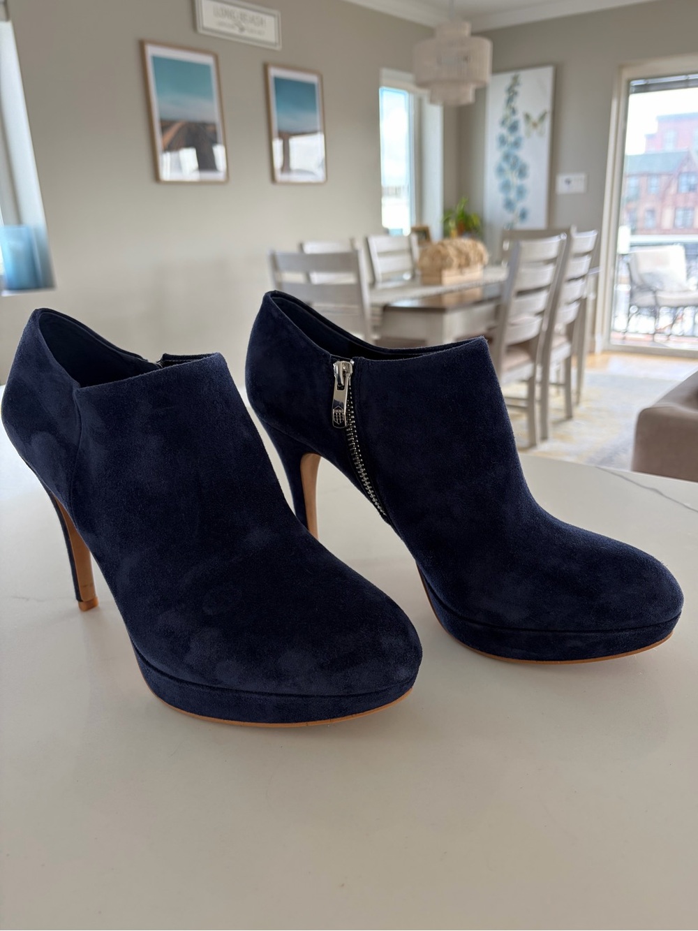 Vince Camuto Navy Blue Suede Platform Stiletto Ankle Booties Heeled Boots Size 9